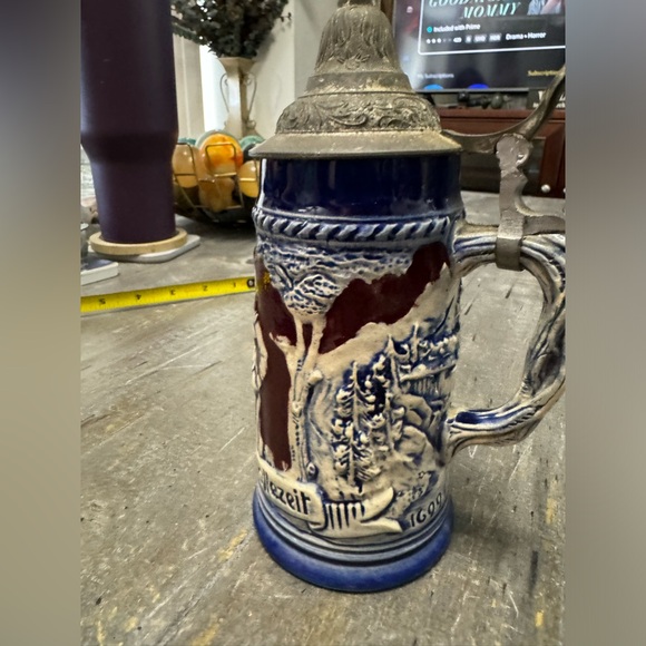 Vintage DBGM West German Pewter Lidded Beer Steins Blue/white - Picture 4 of 8